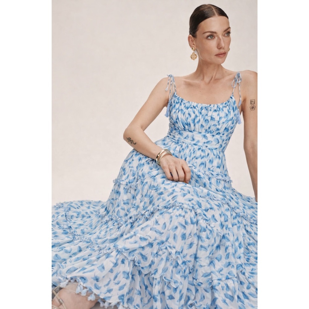 Allison New York | Sky Blue Floral Kennedy Tiered Maxi Dress with Tie Straps XS
